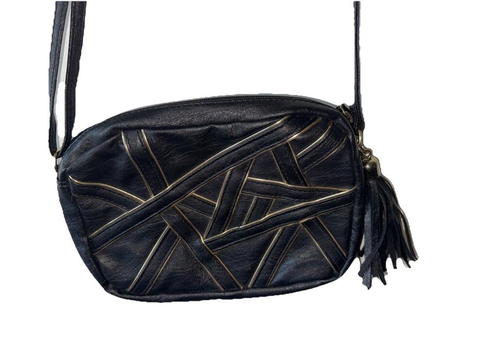 Candie's Black and Gold Faux Leather Crossbody Bag with Geo Design and Tassel